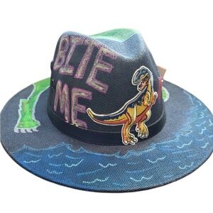 Panama Hand Painted “Bite Me”Dinosaur Themed Hat - Blue and Green